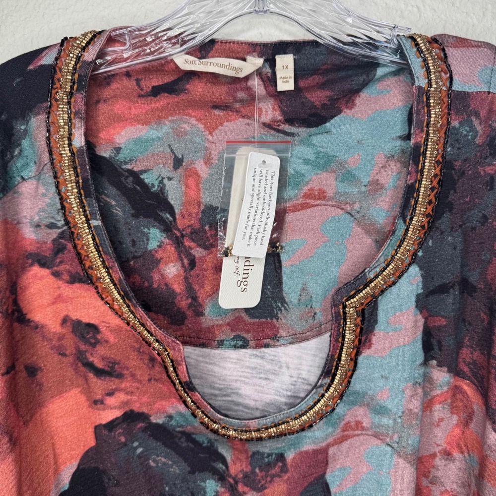 Soft Surroundings Women 1X Java Marble Print Tunic Beaded Neckline Artsy Boho - Picture 2 of 9